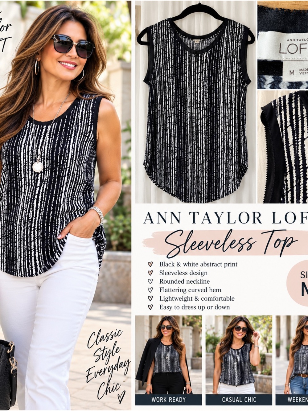 LOFT Black & White Abstract Sleeveless Tank